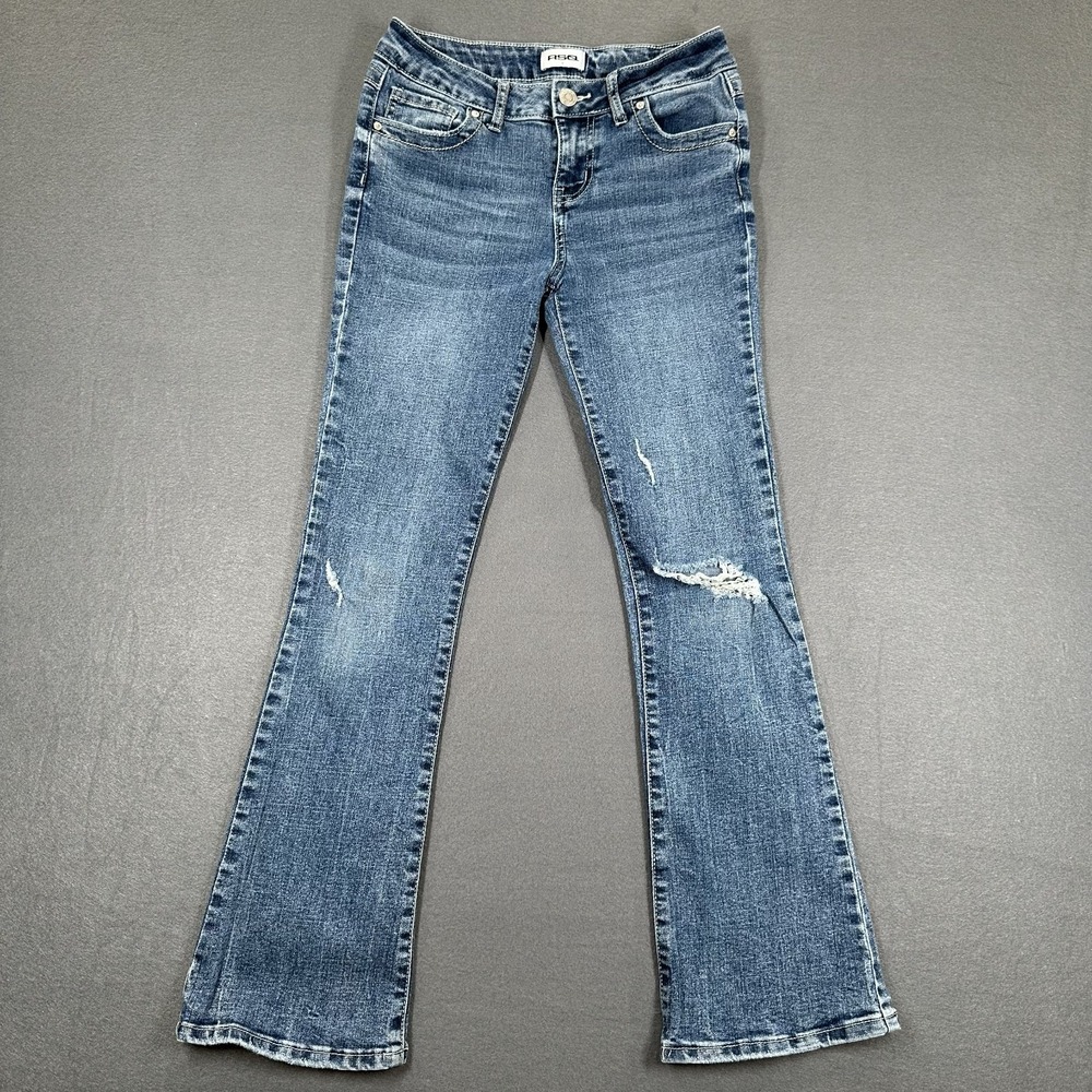 RSQ Jeans Girls 12 Blue Denim Flared Leg Stretch Distressed Y2K Grunge